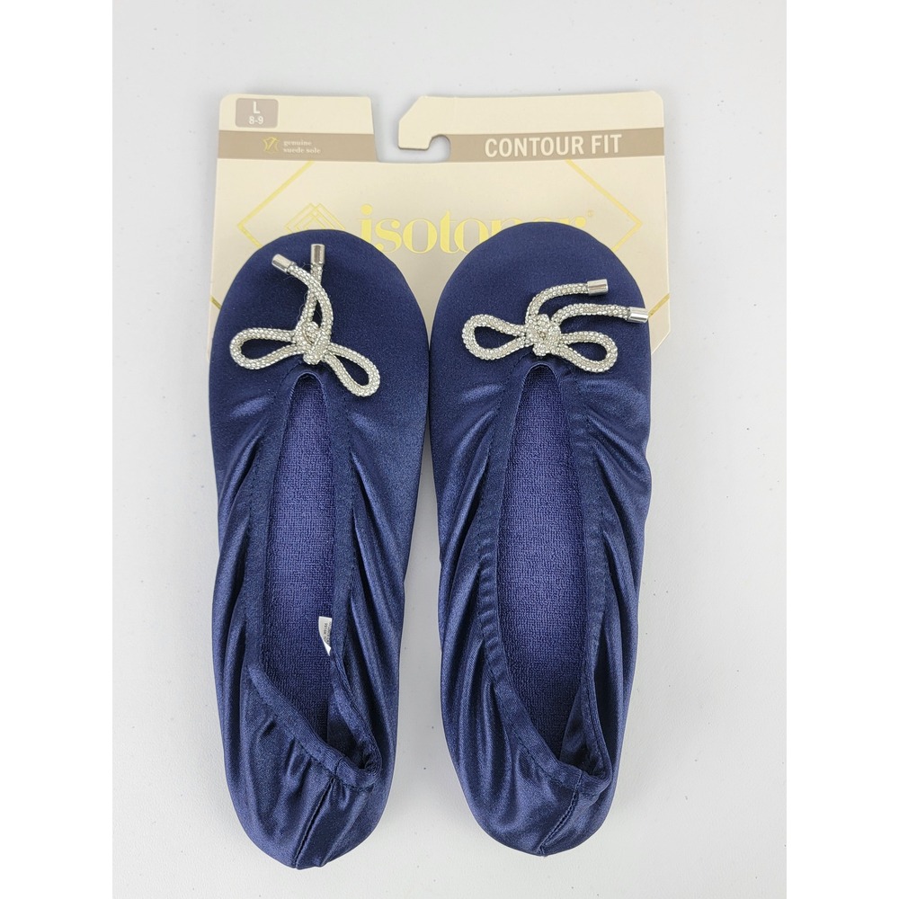 Isotoner Ballet Slippers Womens L 8-9 Navy Blue New Rhinestone Bow Suede Sole